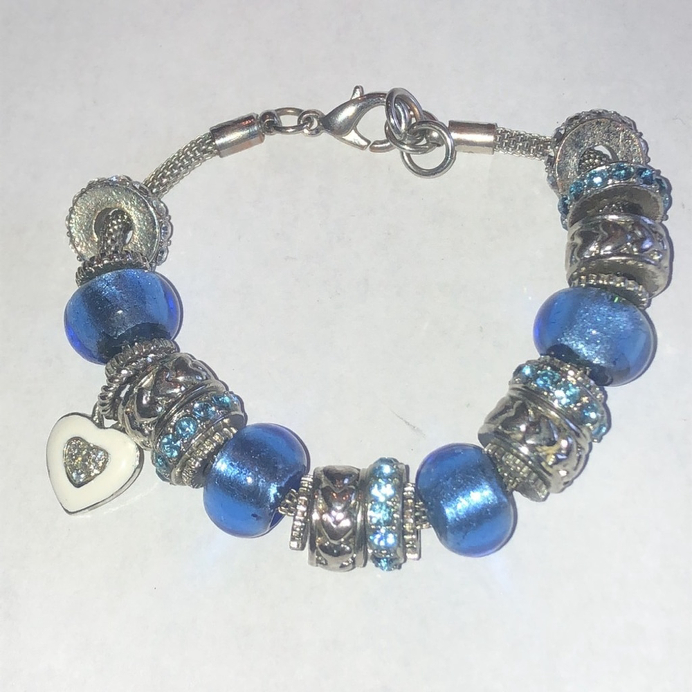 Blue and Silver Tone Beaded Bracelet with Heart Charm